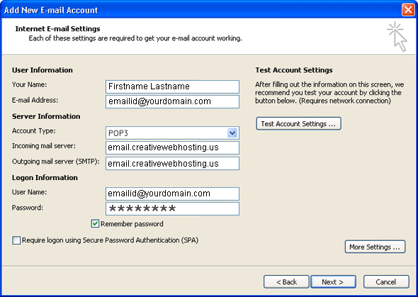 Internet E-mail Settings